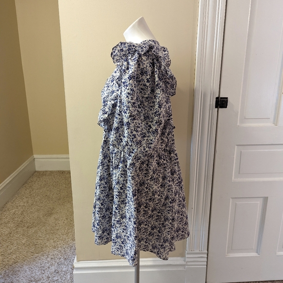 H&M blue and white floral print puff sleeve ruffle dress size medium - Picture 2 of 8